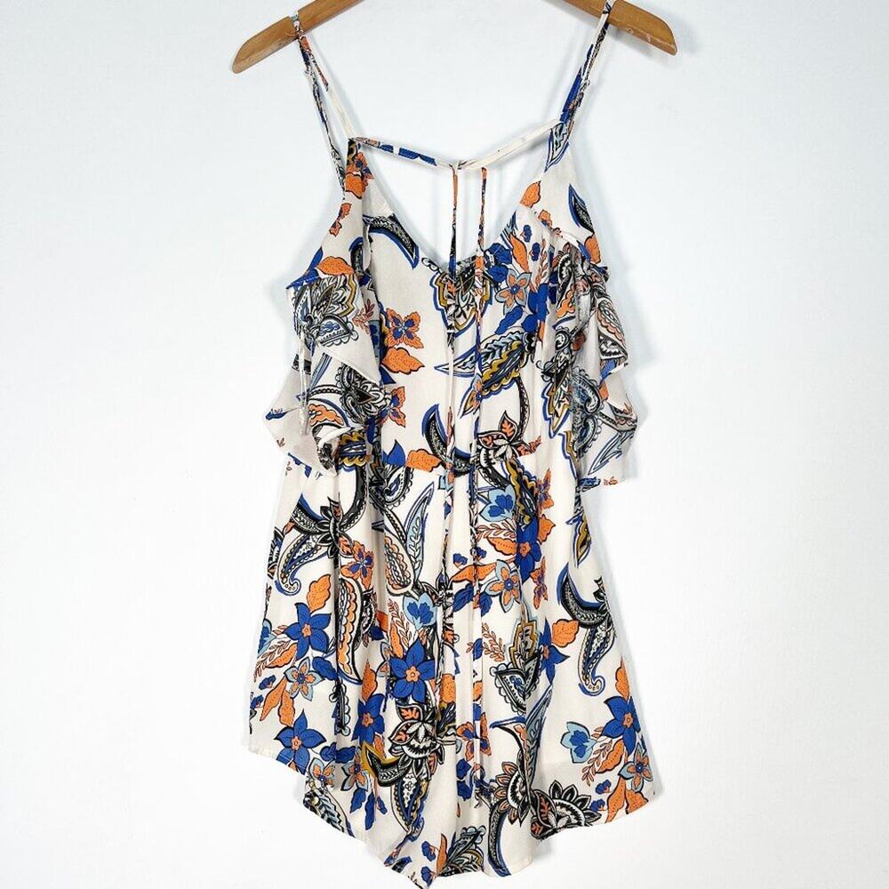Ark & Co Boho Paisley Floral Print Ruffle Romper Cream Blue Orange Womens L